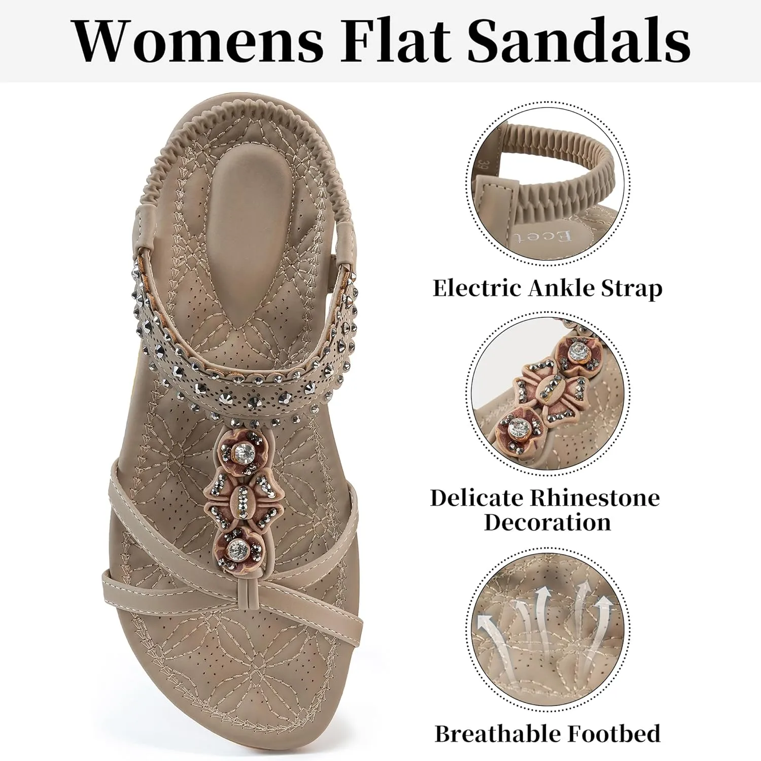 Ecetana Womens Flats Sandals Dressy Summer Boho Comfortable Casual Ankle Strap Non Slip Rhinestone Shoes