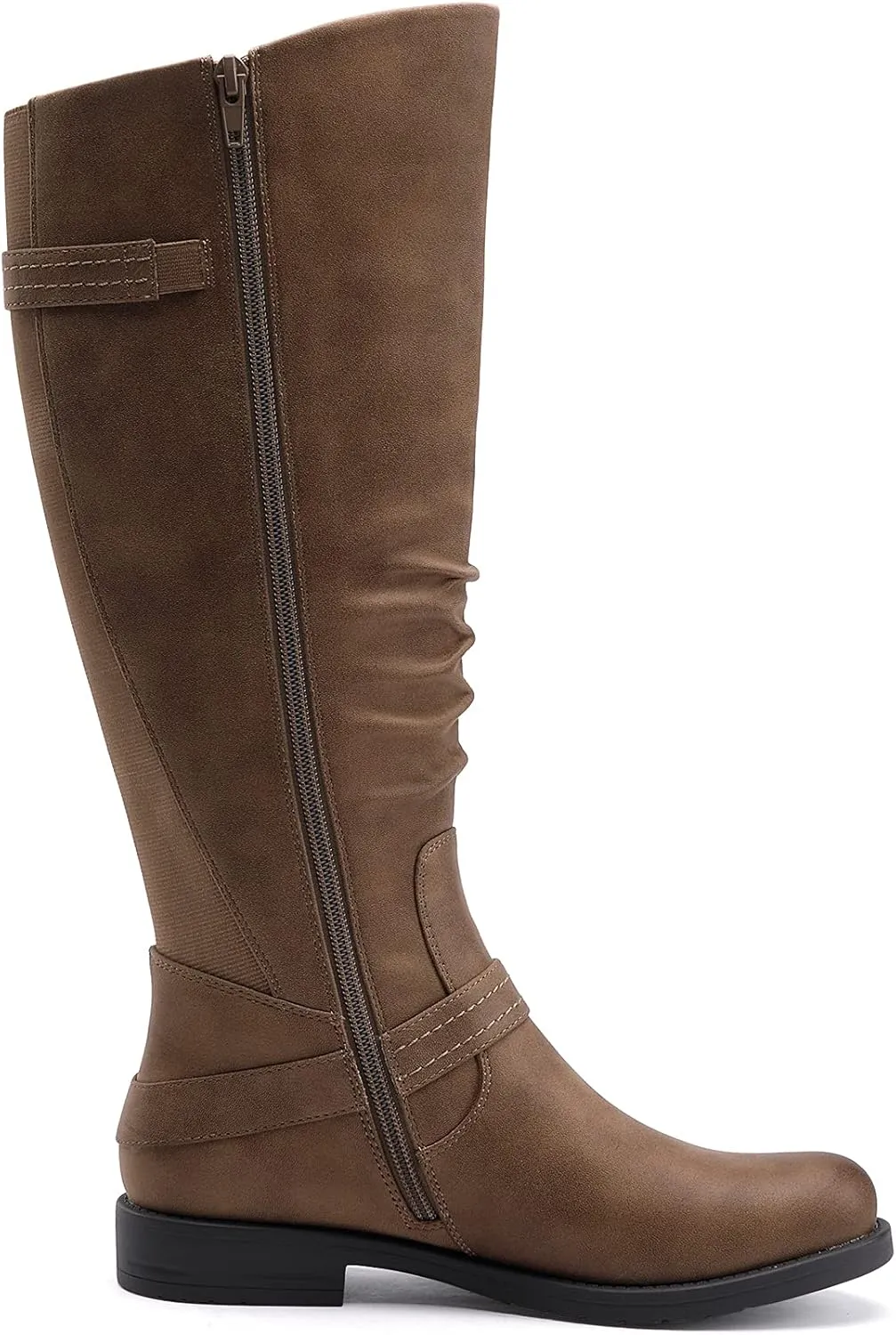 EETTARO Women's Mid Calf Boots Elastic Low Heel Knee High Boot Fashion Side Zip Buckles Winter Boots