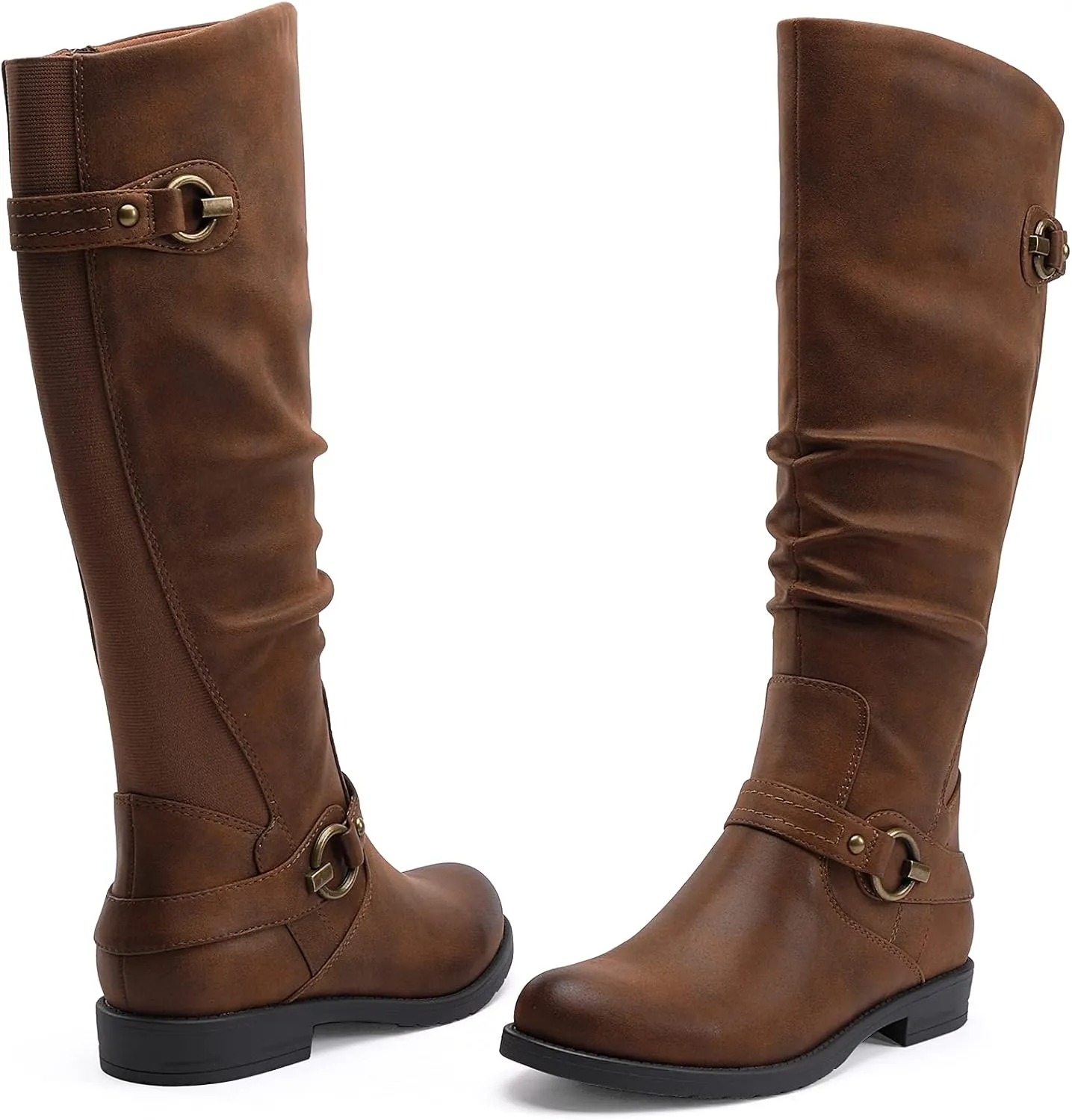 EETTARO Women's Mid Calf Boots Elastic Low Heel Knee High Boot Fashion Side Zip Buckles Winter Boots