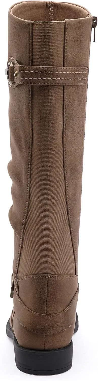 EETTARO Women's Mid Calf Boots Elastic Low Heel Knee High Boot Fashion Side Zip Buckles Winter Boots
