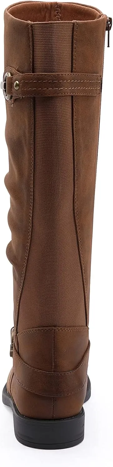 EETTARO Women's Mid Calf Boots Elastic Low Heel Knee High Boot Fashion Side Zip Buckles Winter Boots