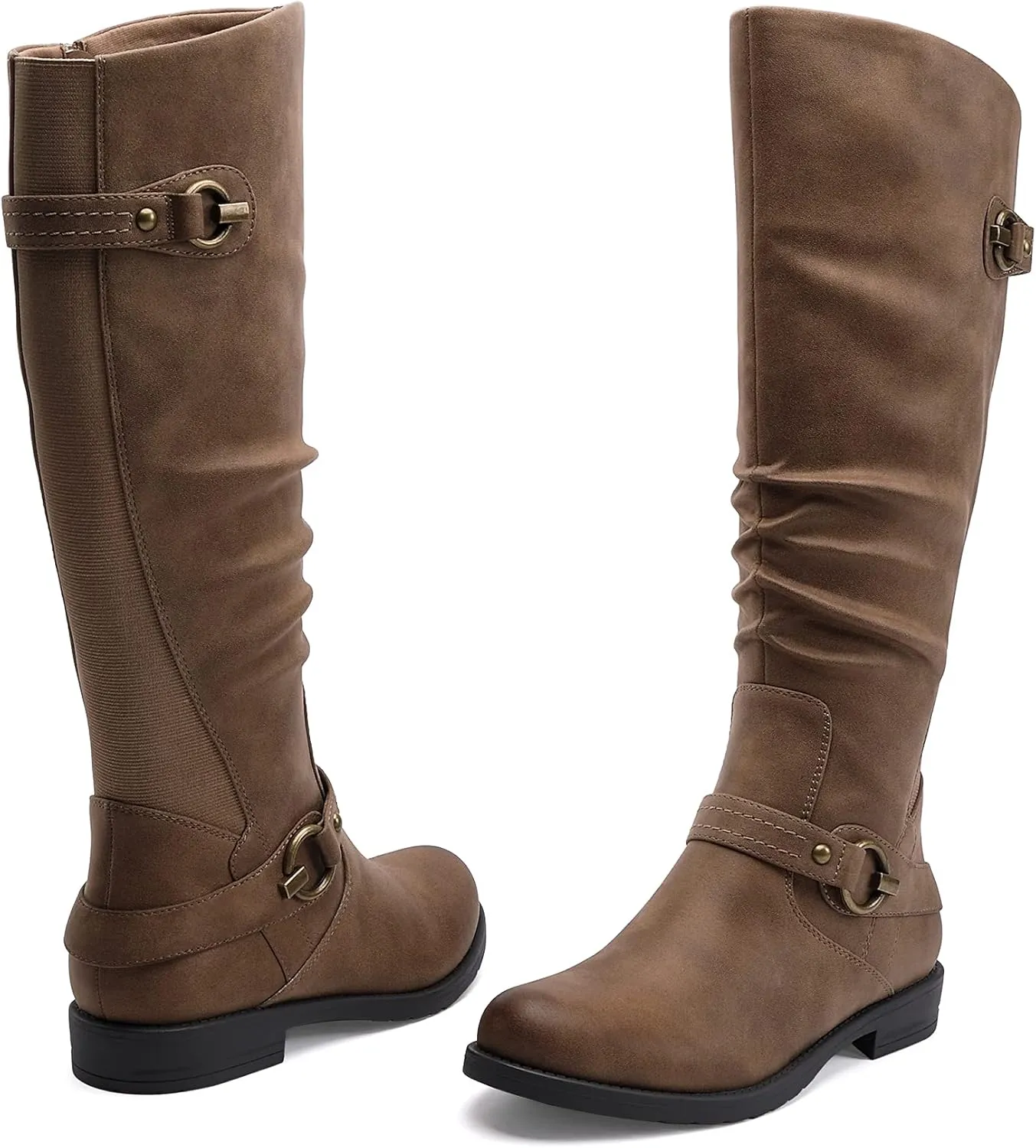 EETTARO Women's Mid Calf Boots Elastic Low Heel Knee High Boot Fashion Side Zip Buckles Winter Boots