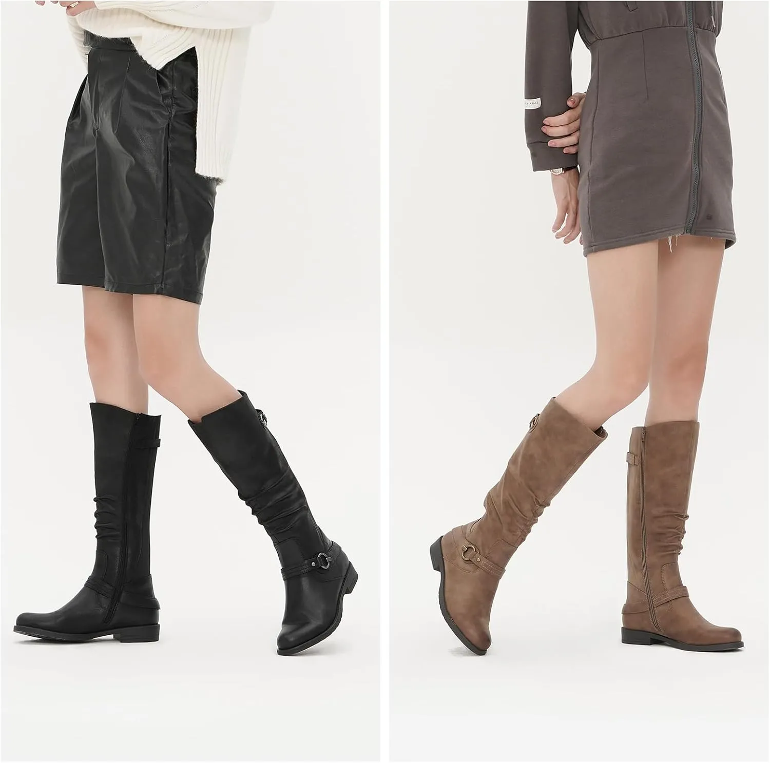 EETTARO Women's Mid Calf Boots Elastic Low Heel Knee High Boot Fashion Side Zip Buckles Winter Boots