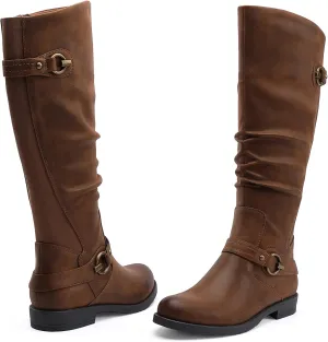 EETTARO Women's Mid Calf Boots Elastic Low Heel Knee High Boot Fashion Side Zip Buckles Winter Boots