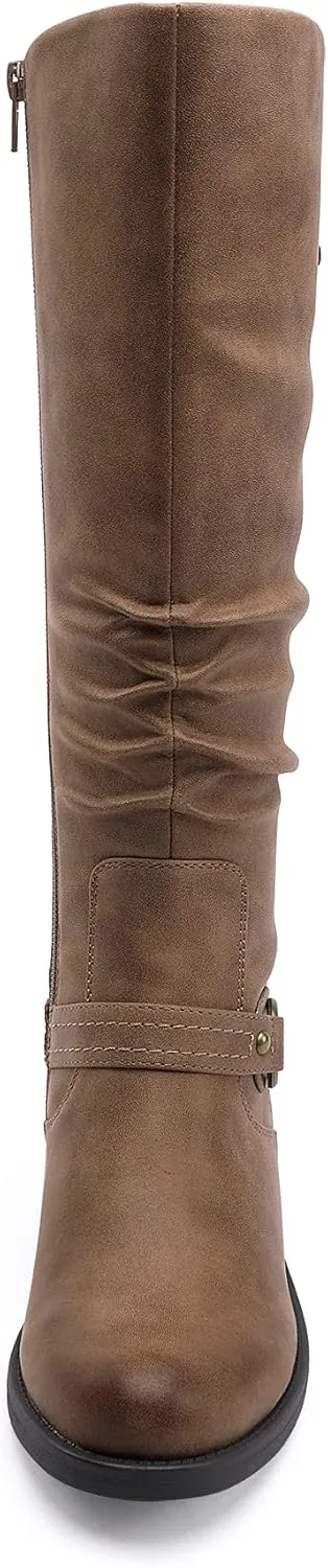 EETTARO Women's Mid Calf Boots Elastic Low Heel Knee High Boot Fashion Side Zip Buckles Winter Boots