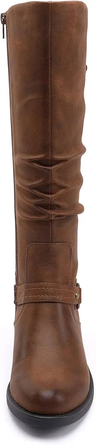EETTARO Women's Mid Calf Boots Elastic Low Heel Knee High Boot Fashion Side Zip Buckles Winter Boots