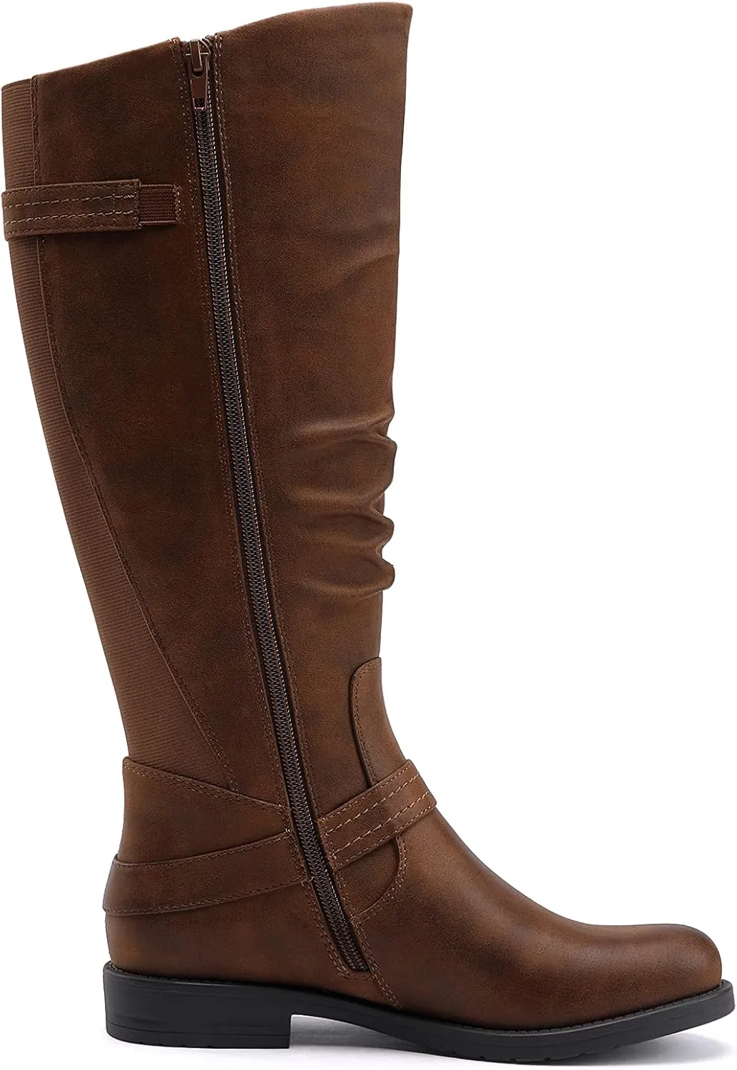 EETTARO Women's Mid Calf Boots Elastic Low Heel Knee High Boot Fashion Side Zip Buckles Winter Boots