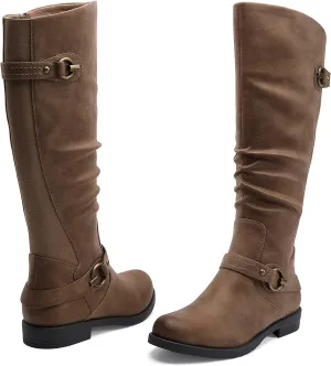 EETTARO Women's Mid Calf Boots Elastic Low Heel Knee High Boot Fashion Side Zip Buckles Winter Boots