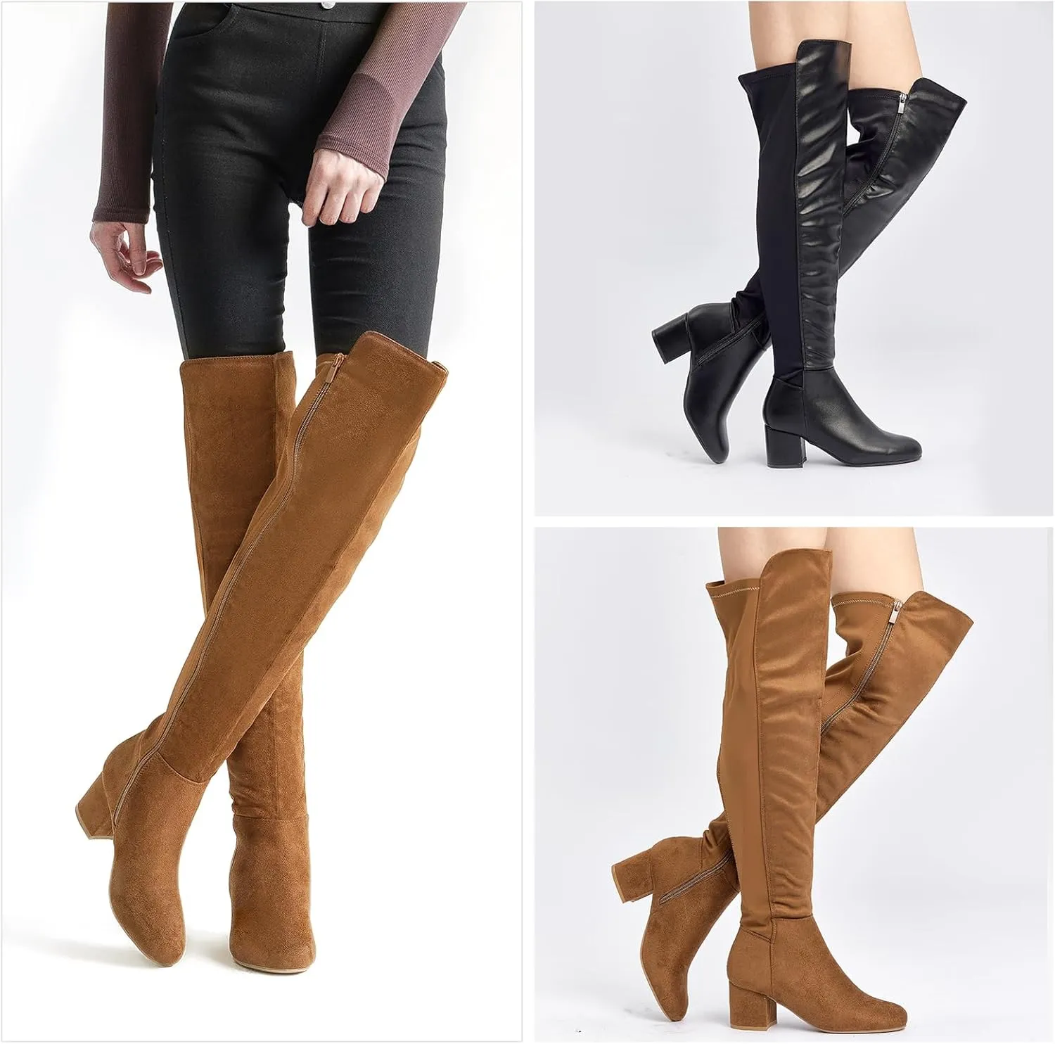 EETTARO Women's Over The Knee Boot Thigh High Block Heel Stretch Boots Fashion Side Zip Almond Toe Winter Booties