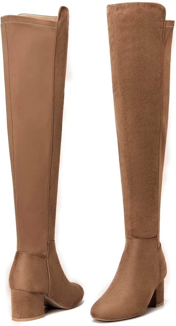 EETTARO Women's Over The Knee Boot Thigh High Block Heel Stretch Boots Fashion Side Zip Almond Toe Winter Booties