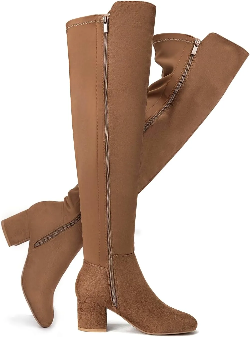 EETTARO Women's Over The Knee Boot Thigh High Block Heel Stretch Boots Fashion Side Zip Almond Toe Winter Booties