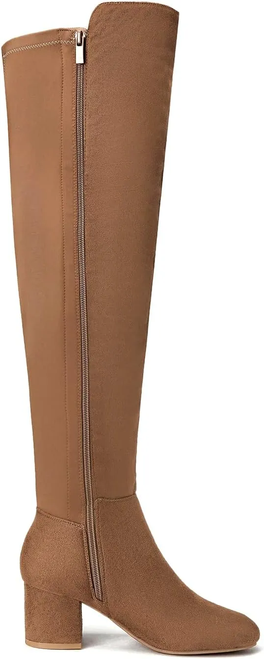 EETTARO Women's Over The Knee Boot Thigh High Block Heel Stretch Boots Fashion Side Zip Almond Toe Winter Booties