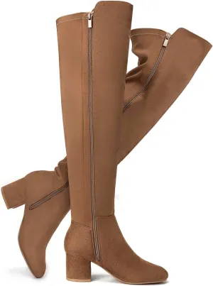EETTARO Women's Over The Knee Boot Thigh High Block Heel Stretch Boots Fashion Side Zip Almond Toe Winter Booties