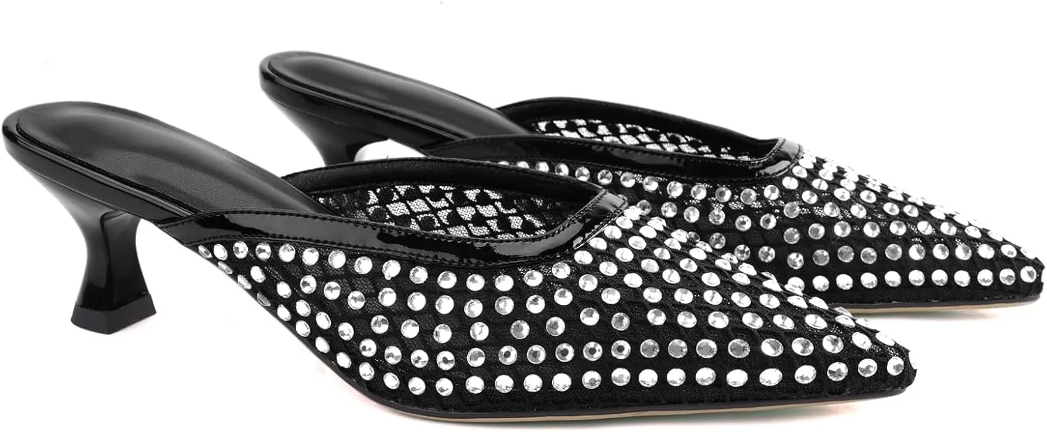 Elegant Women's Kitten Heel Mules with Crystal Flower Decor, Mesh Pointed Toe, and Low Heel Pumps - Stylish & Comfortable