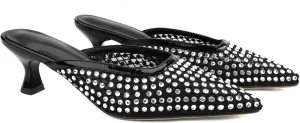 Elegant Women's Kitten Heel Mules with Crystal Flower Decor, Mesh Pointed Toe, and Low Heel Pumps - Stylish & Comfortable