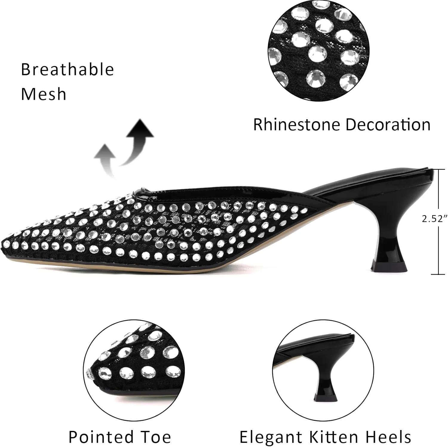 Elegant Women's Kitten Heel Mules with Crystal Flower Decor, Mesh Pointed Toe, and Low Heel Pumps - Stylish & Comfortable