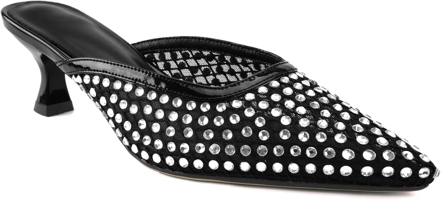 Elegant Women's Kitten Heel Mules with Crystal Flower Decor, Mesh Pointed Toe, and Low Heel Pumps - Stylish & Comfortable
