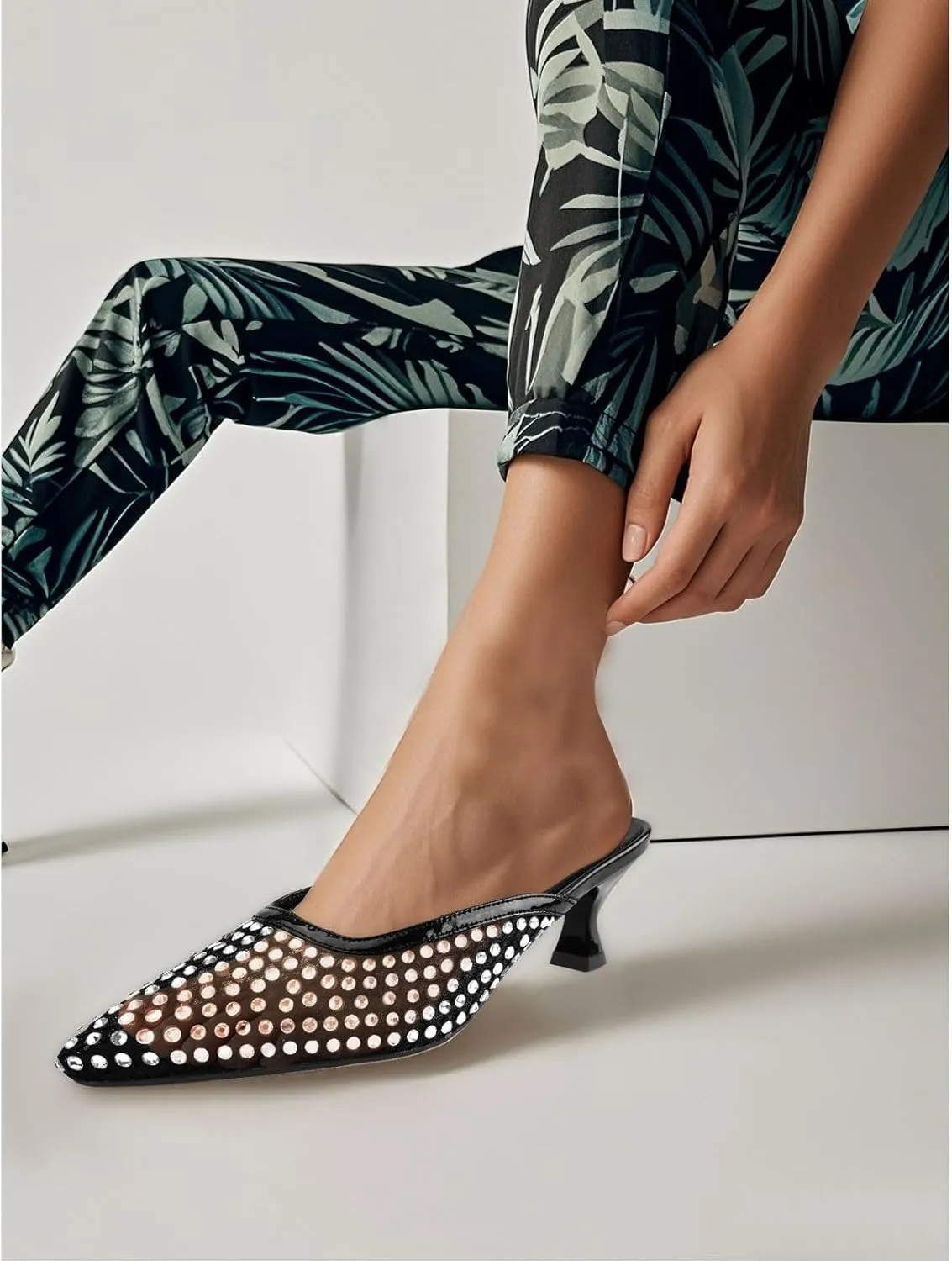 Elegant Women's Kitten Heel Mules with Crystal Flower Decor, Mesh Pointed Toe, and Low Heel Pumps - Stylish & Comfortable