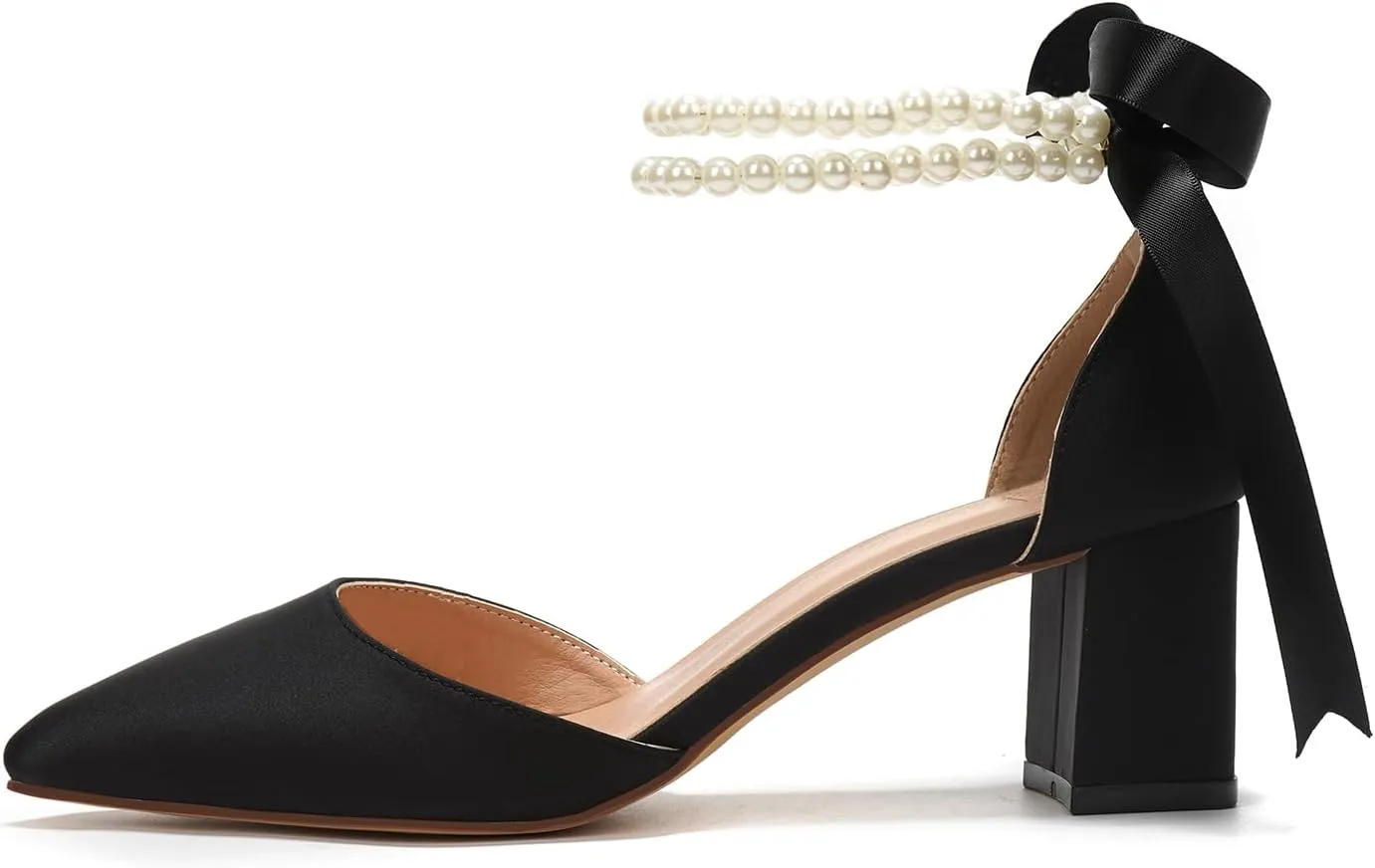 Elivandon J1585 Women's Satin Pointed Toe Mid-Heel Evening Sandals 2.36 inches Block Heel Bridal Party Wedding Pumps with Double Pearl Strap