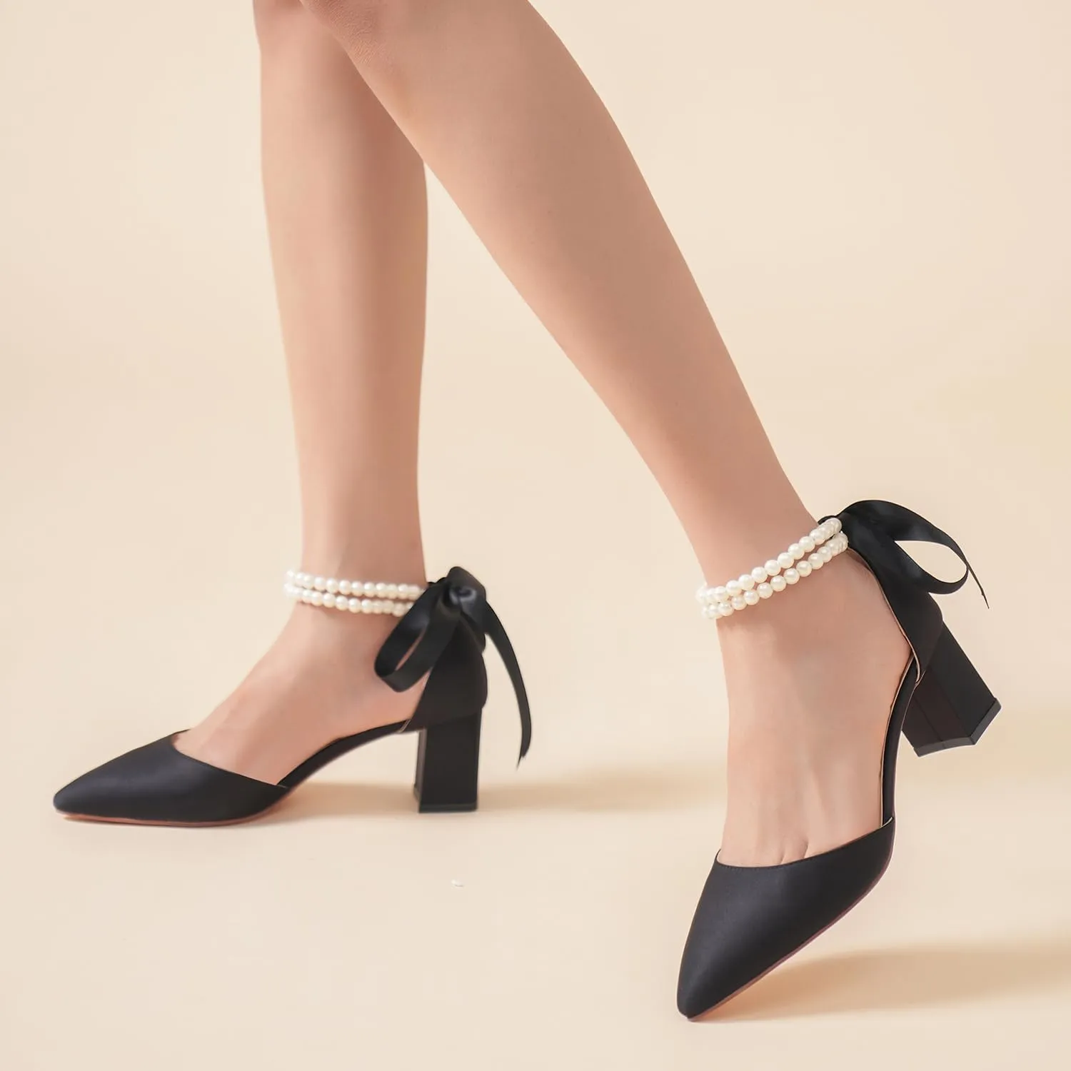 Elivandon J1585 Women's Satin Pointed Toe Mid-Heel Evening Sandals 2.36 inches Block Heel Bridal Party Wedding Pumps with Double Pearl Strap