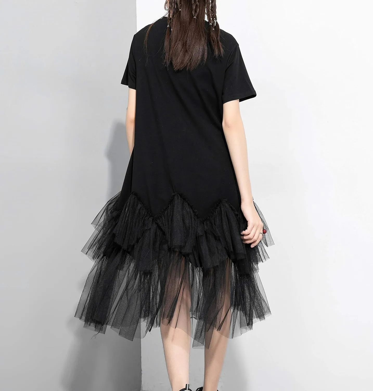 ellazhu Women's Casual Short Sleeve Crew Neck Tutu Tulle Dress with an Oversized Fit GY2266