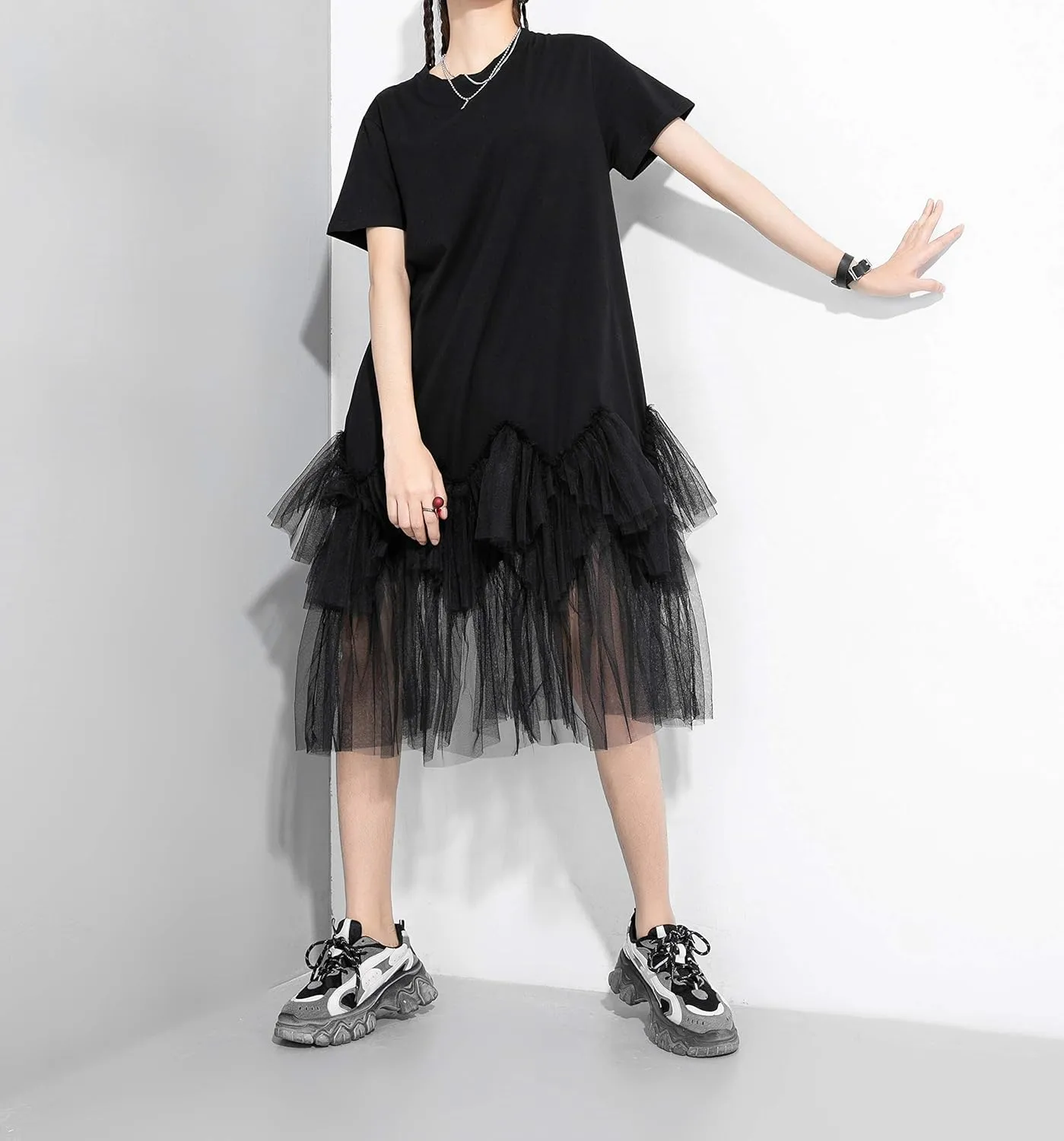 ellazhu Women's Casual Short Sleeve Crew Neck Tutu Tulle Dress with an Oversized Fit GY2266
