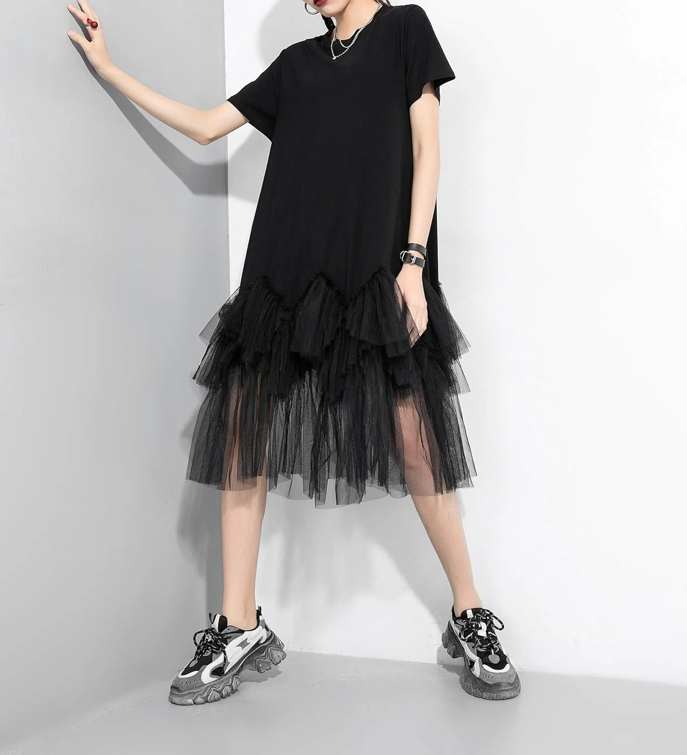 ellazhu Women's Casual Short Sleeve Crew Neck Tutu Tulle Dress with an Oversized Fit GY2266