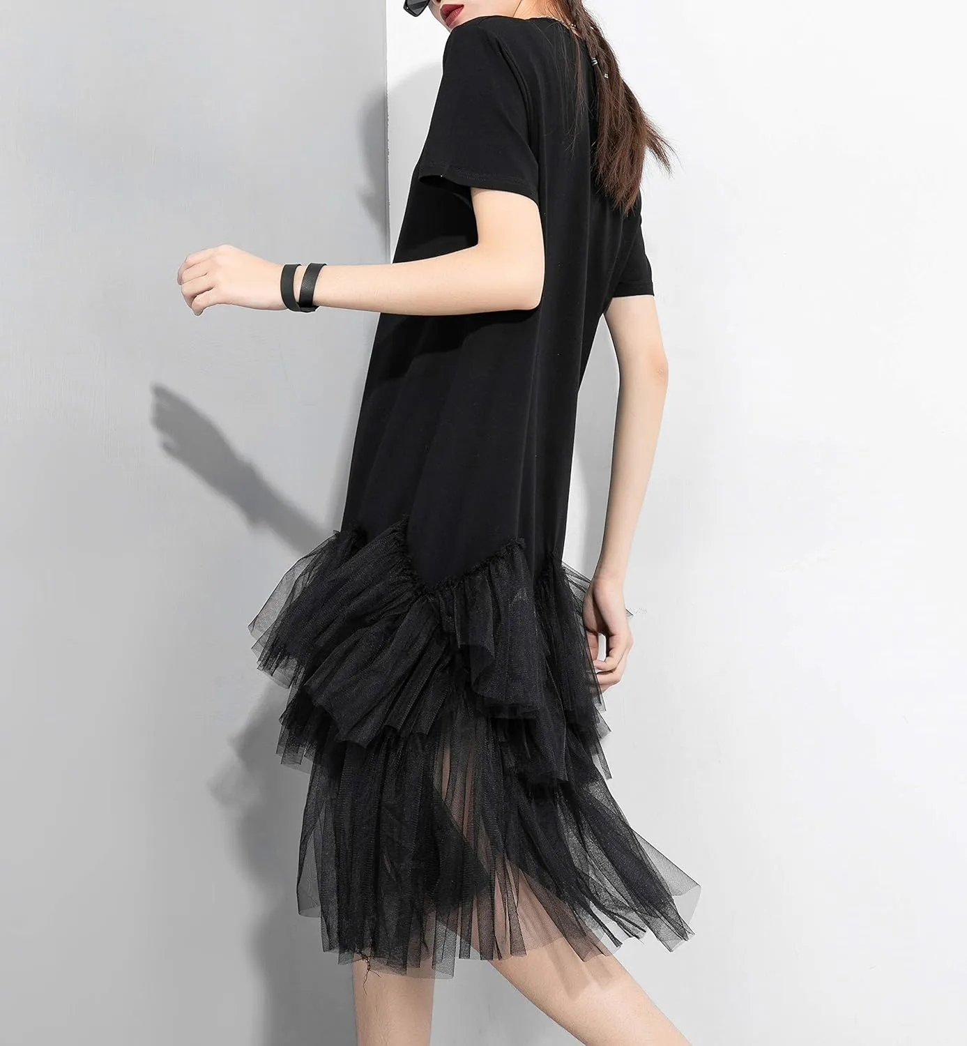 ellazhu Women's Casual Short Sleeve Crew Neck Tutu Tulle Dress with an Oversized Fit GY2266