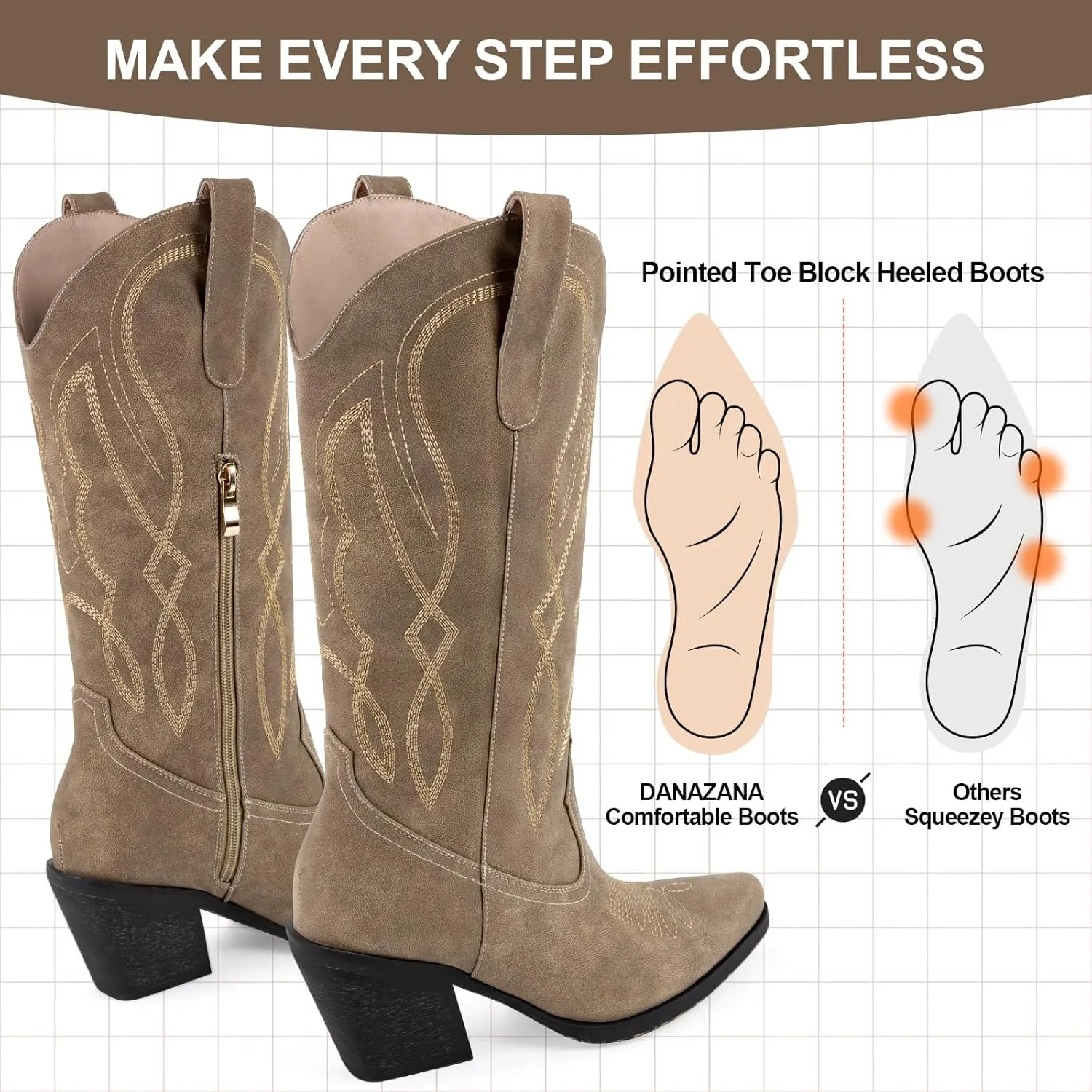 Embroidered Cowgirl Boots Women's Wide Calf Pointed Toe Cowboy Boots With Side Half Zip Mid Calf Block Heel Western Boots Lady Retro Country Boots Size 7-10