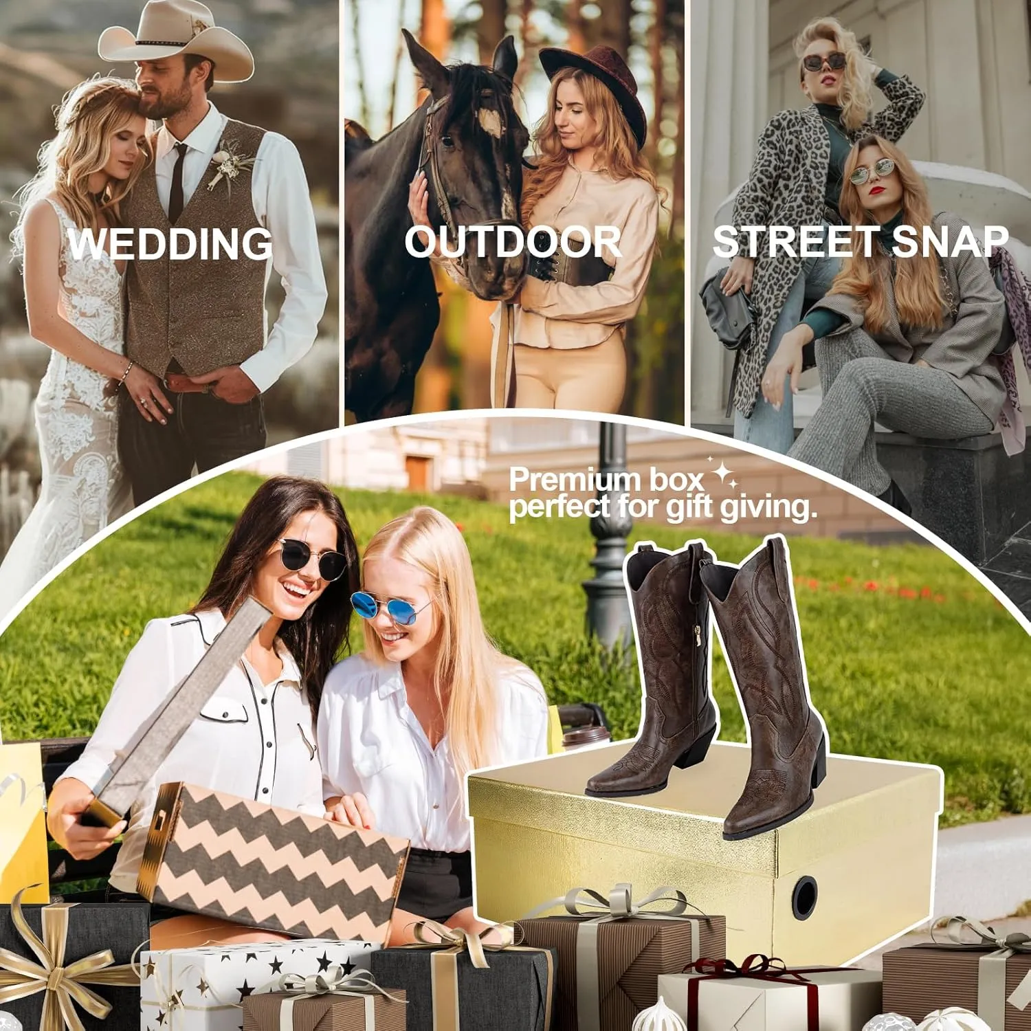 Embroidered Cowgirl Boots Women's Wide Calf Pointed Toe Cowboy Boots With Side Half Zip Mid Calf Block Heel Western Boots Lady Retro Country Boots Size 7-10