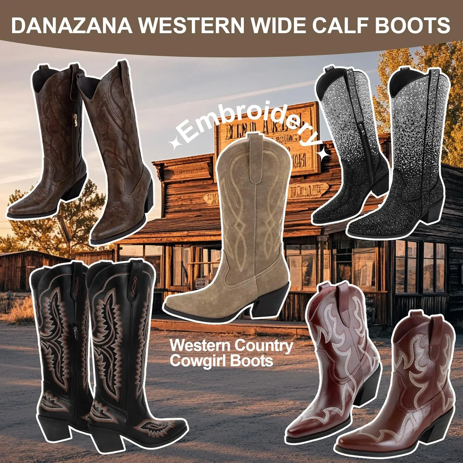 Embroidered Cowgirl Boots Women's Wide Calf Pointed Toe Cowboy Boots With Side Half Zip Mid Calf Block Heel Western Boots Lady Retro Country Boots Size 7-10