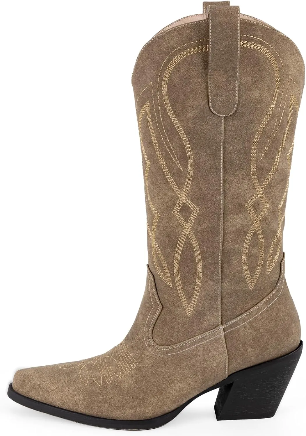 Embroidered Cowgirl Boots Women's Wide Calf Pointed Toe Cowboy Boots With Side Half Zip Mid Calf Block Heel Western Boots Lady Retro Country Boots Size 7-10