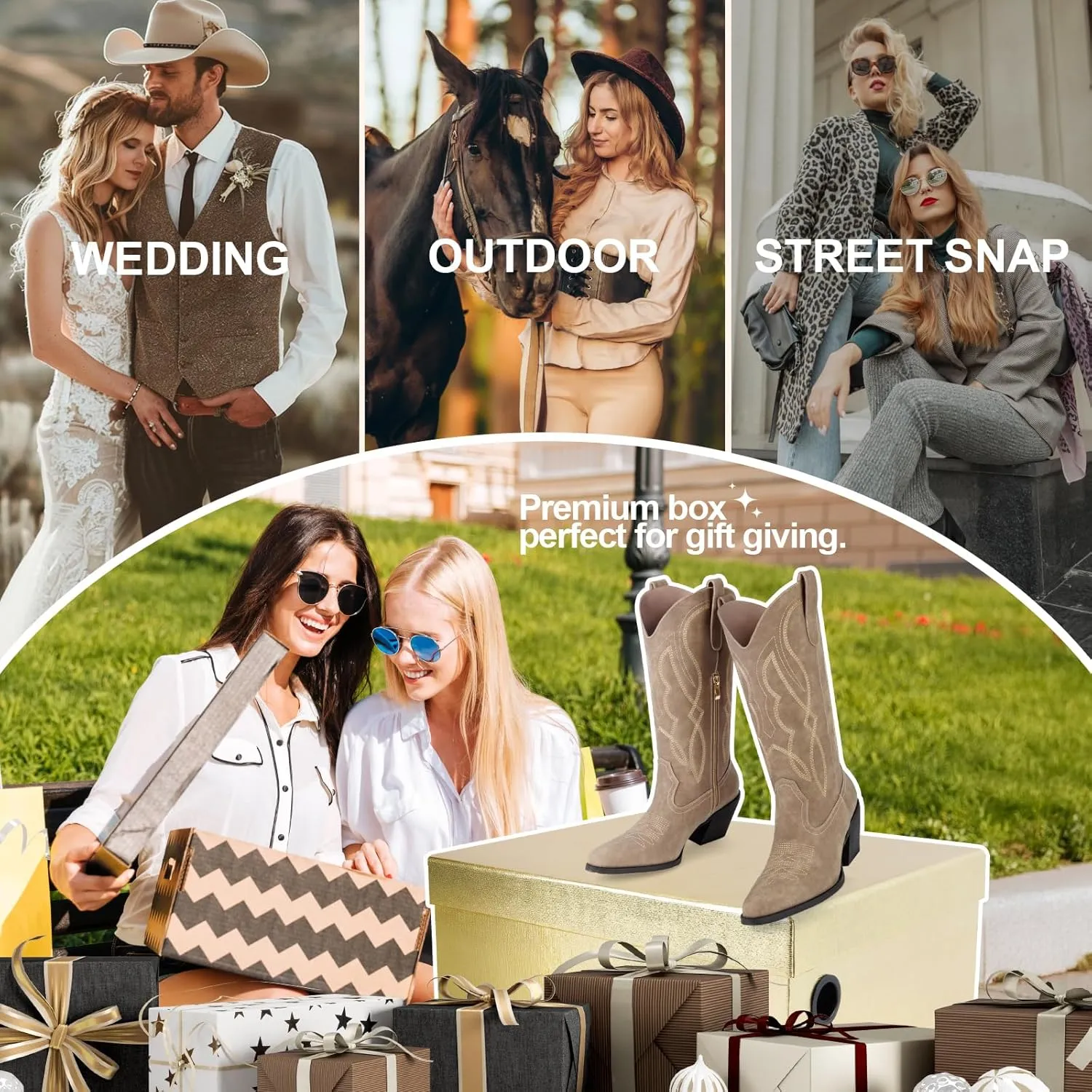 Embroidered Cowgirl Boots Women's Wide Calf Pointed Toe Cowboy Boots With Side Half Zip Mid Calf Block Heel Western Boots Lady Retro Country Boots Size 7-10