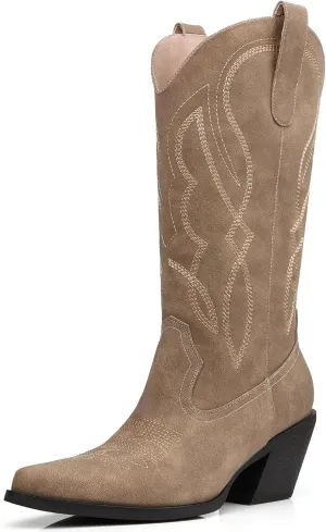 Embroidered Cowgirl Boots Women's Wide Calf Pointed Toe Cowboy Boots With Side Half Zip Mid Calf Block Heel Western Boots Lady Retro Country Boots Size 7-10