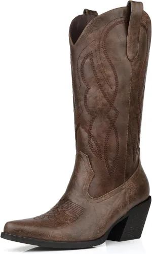 Embroidered Cowgirl Boots Women's Wide Calf Pointed Toe Cowboy Boots With Side Half Zip Mid Calf Block Heel Western Boots Lady Retro Country Boots Size 7-10