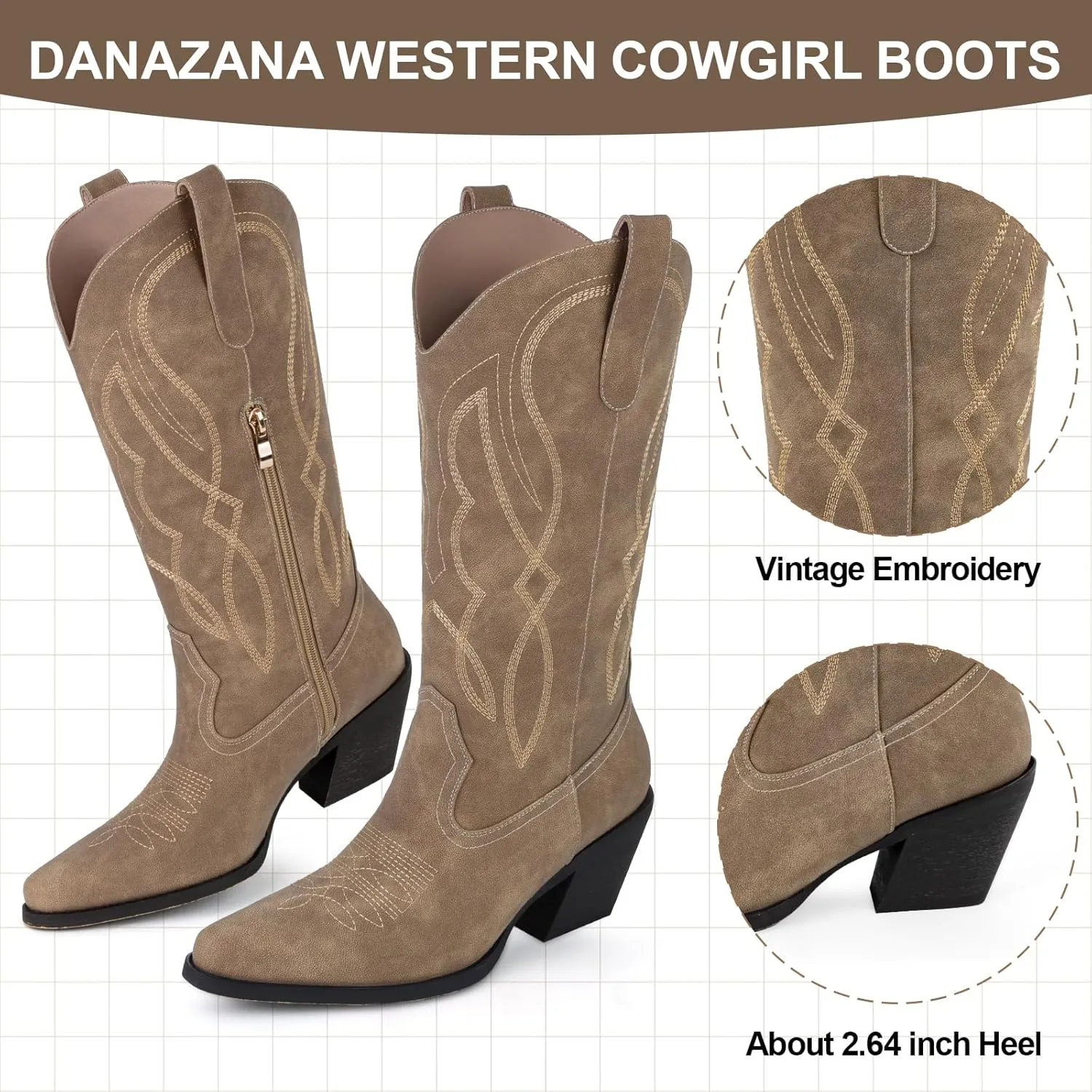 Embroidered Cowgirl Boots Women's Wide Calf Pointed Toe Cowboy Boots With Side Half Zip Mid Calf Block Heel Western Boots Lady Retro Country Boots Size 7-10