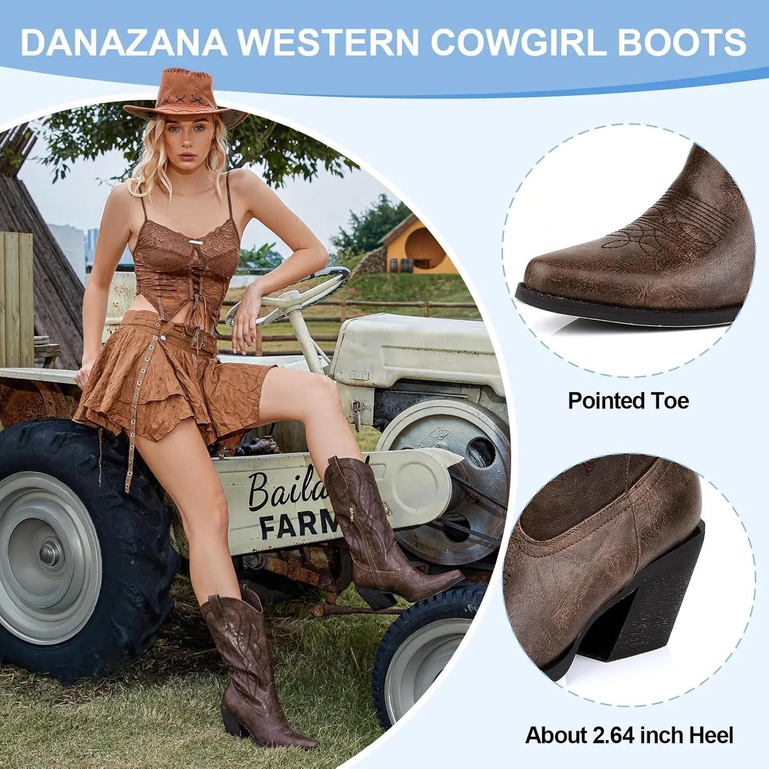 Embroidered Cowgirl Boots Women's Wide Calf Pointed Toe Cowboy Boots With Side Half Zip Mid Calf Block Heel Western Boots Lady Retro Country Boots Size 7-10