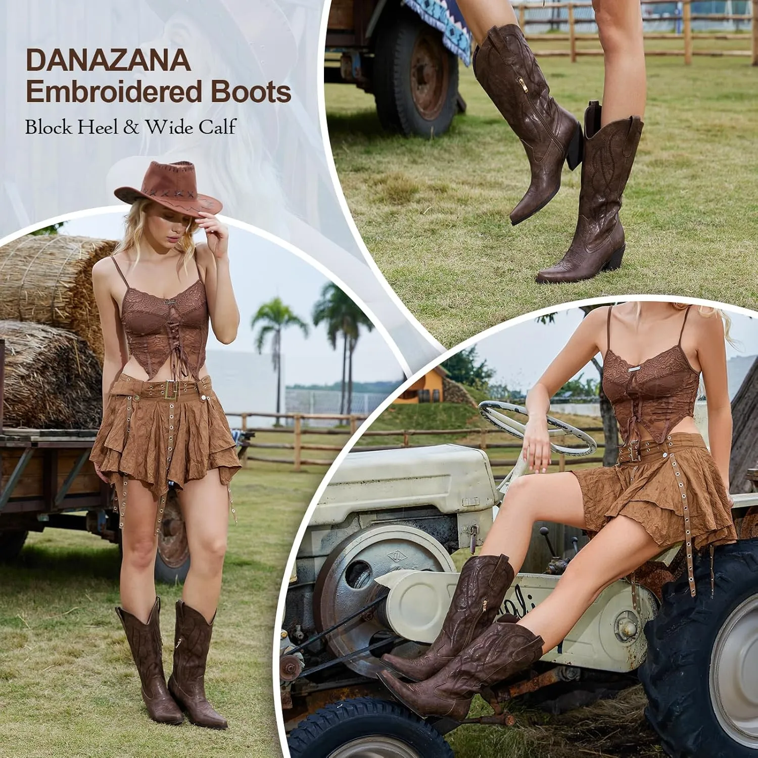 Embroidered Cowgirl Boots Women's Wide Calf Pointed Toe Cowboy Boots With Side Half Zip Mid Calf Block Heel Western Boots Lady Retro Country Boots Size 7-10