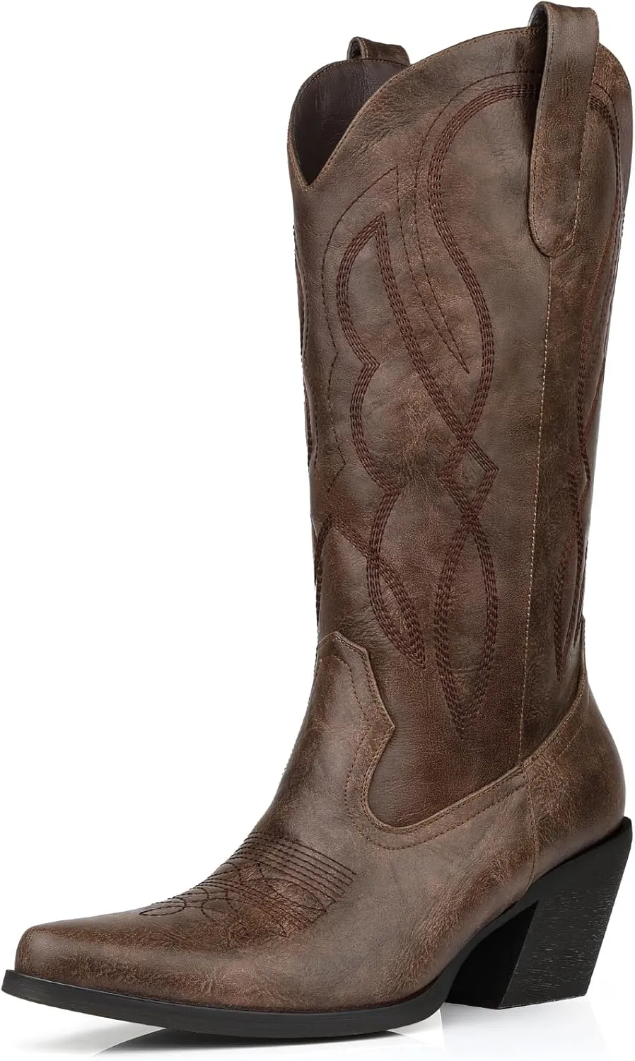 Embroidered Cowgirl Boots Women's Wide Calf Pointed Toe Cowboy Boots With Side Half Zip Mid Calf Block Heel Western Boots Lady Retro Country Boots Size 7-10