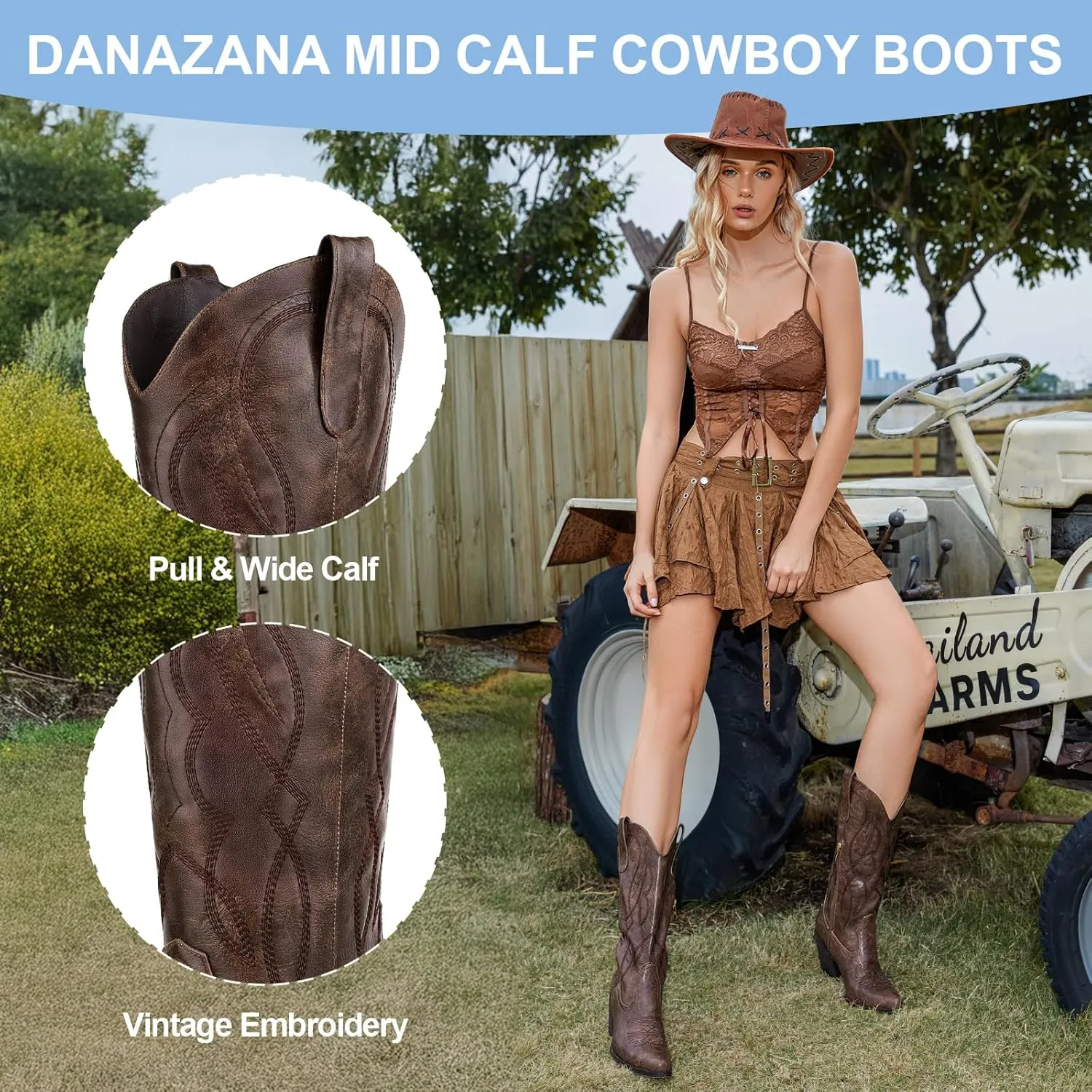 Embroidered Cowgirl Boots Women's Wide Calf Pointed Toe Cowboy Boots With Side Half Zip Mid Calf Block Heel Western Boots Lady Retro Country Boots Size 7-10