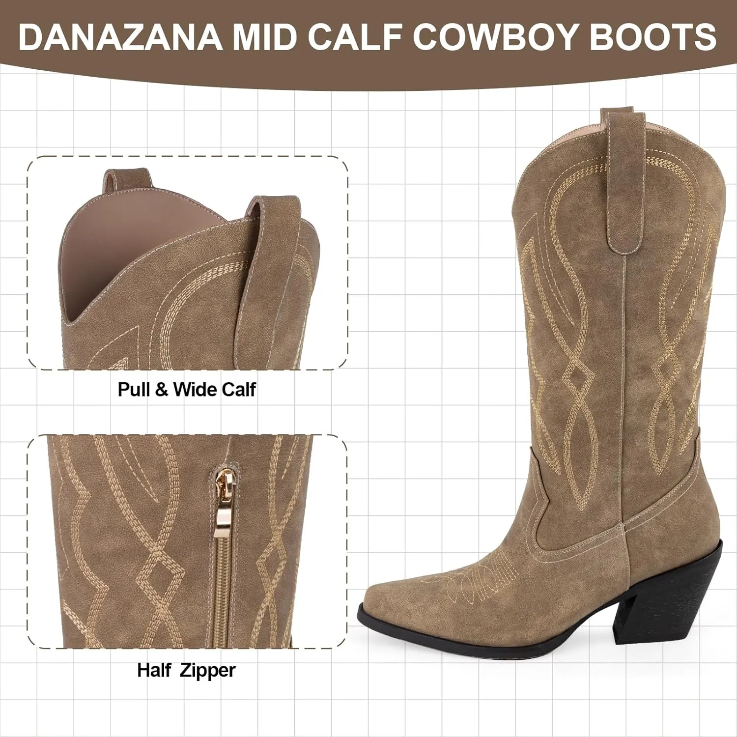 Embroidered Cowgirl Boots Women's Wide Calf Pointed Toe Cowboy Boots With Side Half Zip Mid Calf Block Heel Western Boots Lady Retro Country Boots Size 7-10
