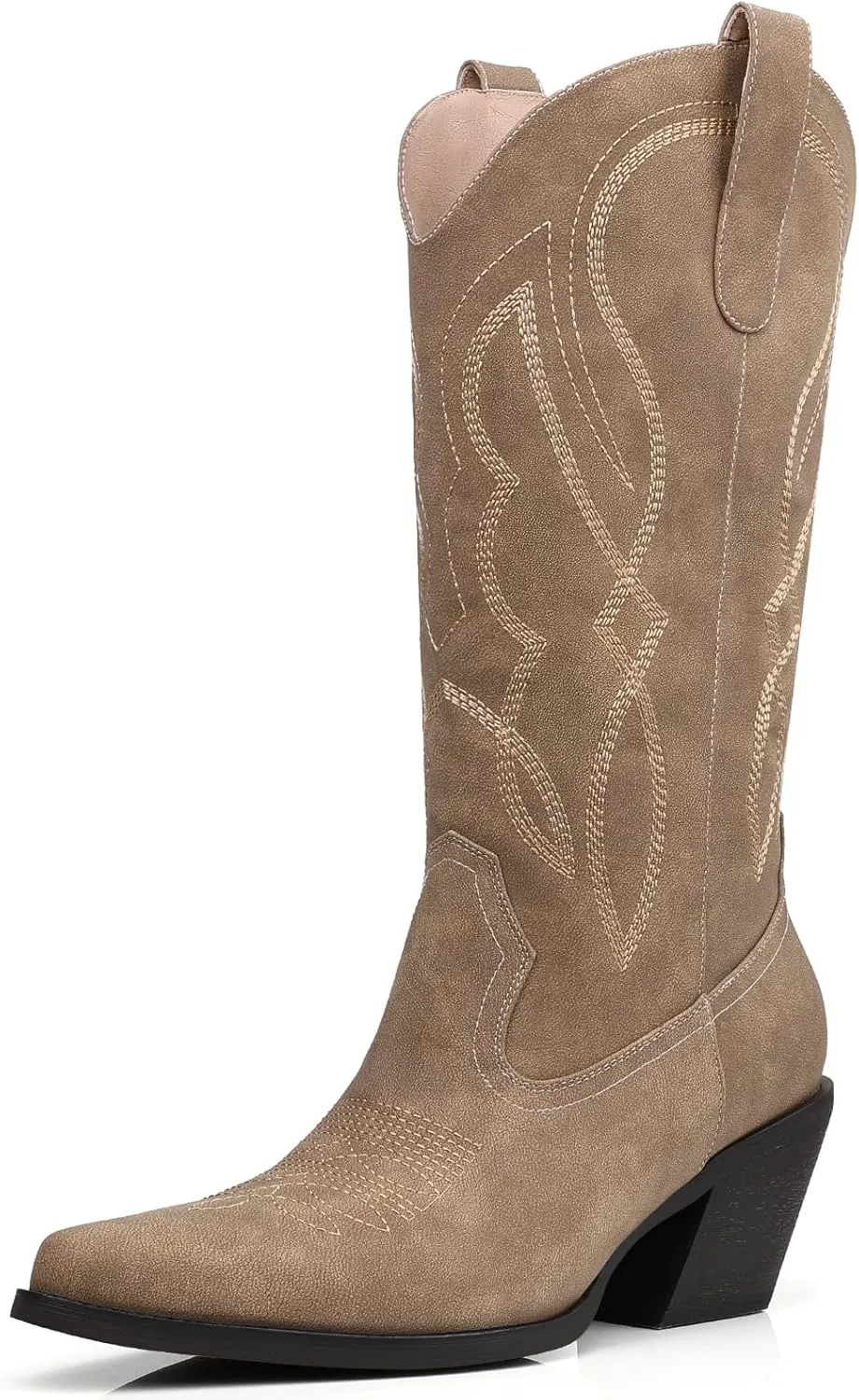 Embroidered Cowgirl Boots Women's Wide Calf Pointed Toe Cowboy Boots With Side Half Zip Mid Calf Block Heel Western Boots Lady Retro Country Boots Size 7-10