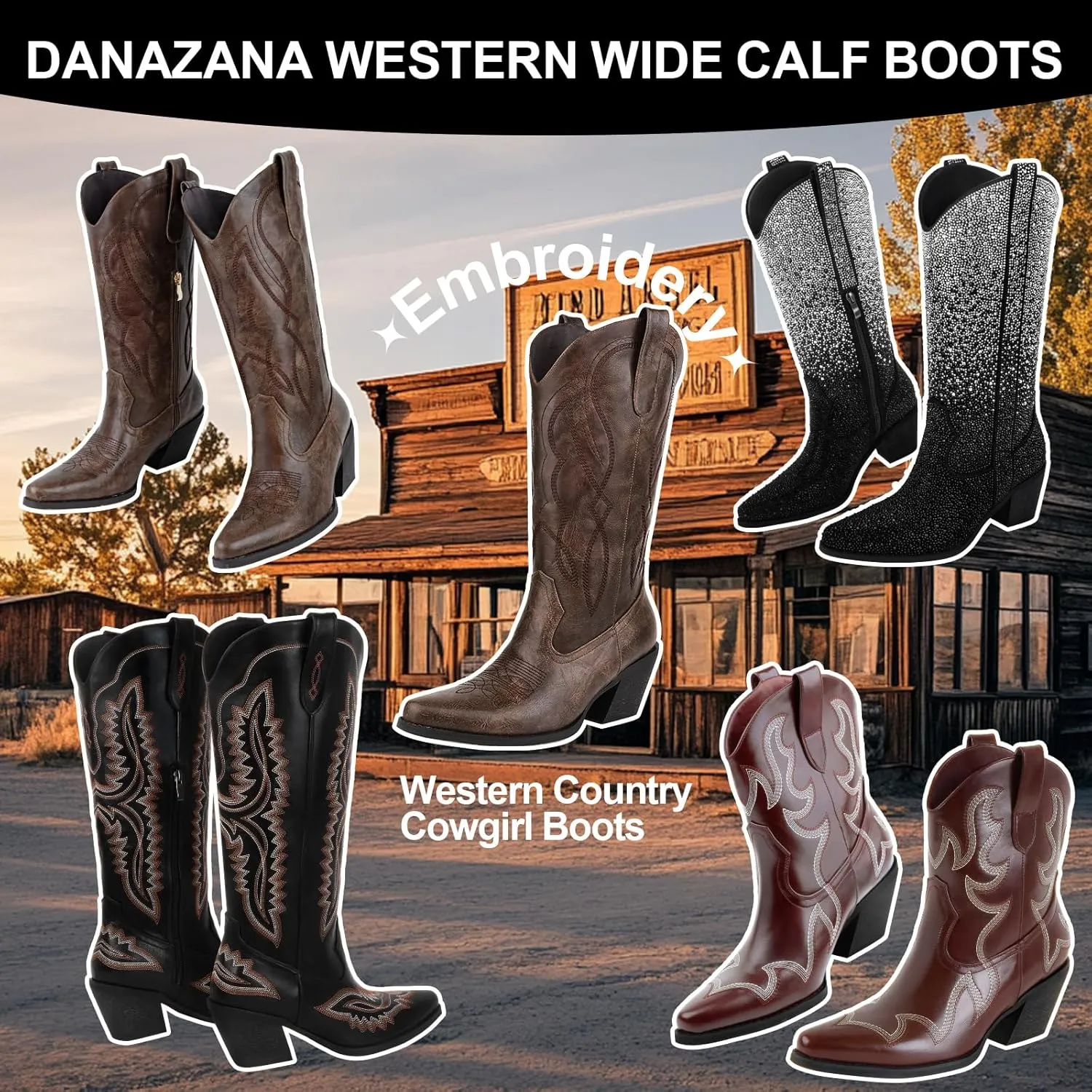 Embroidered Cowgirl Boots Women's Wide Calf Pointed Toe Cowboy Boots With Side Half Zip Mid Calf Block Heel Western Boots Lady Retro Country Boots Size 7-10