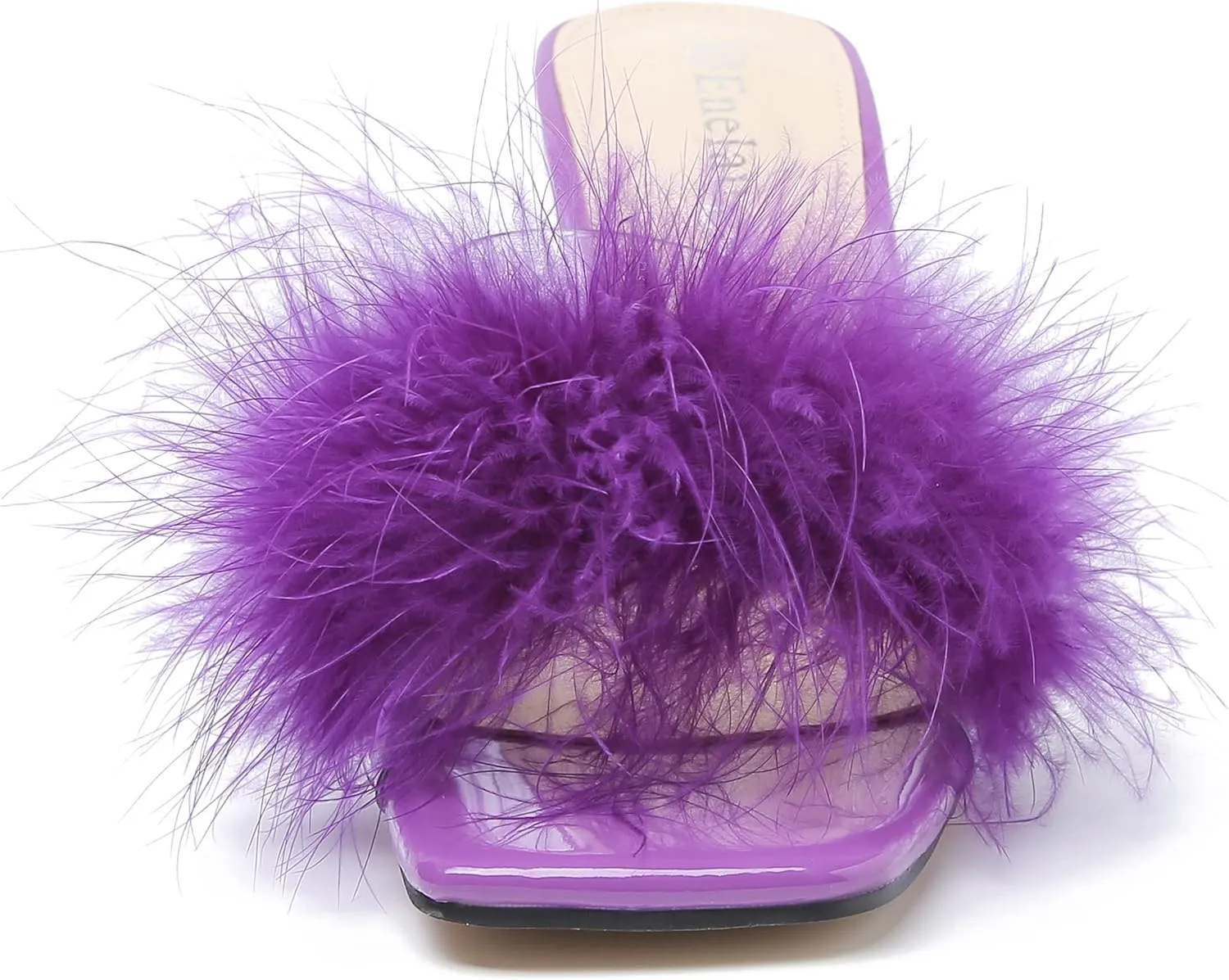 Enelauge Women's Square Toe Sandal Fluffy Feather Clear High Heels Sandals Mules Backless Slip On Slipper Dress Shoes