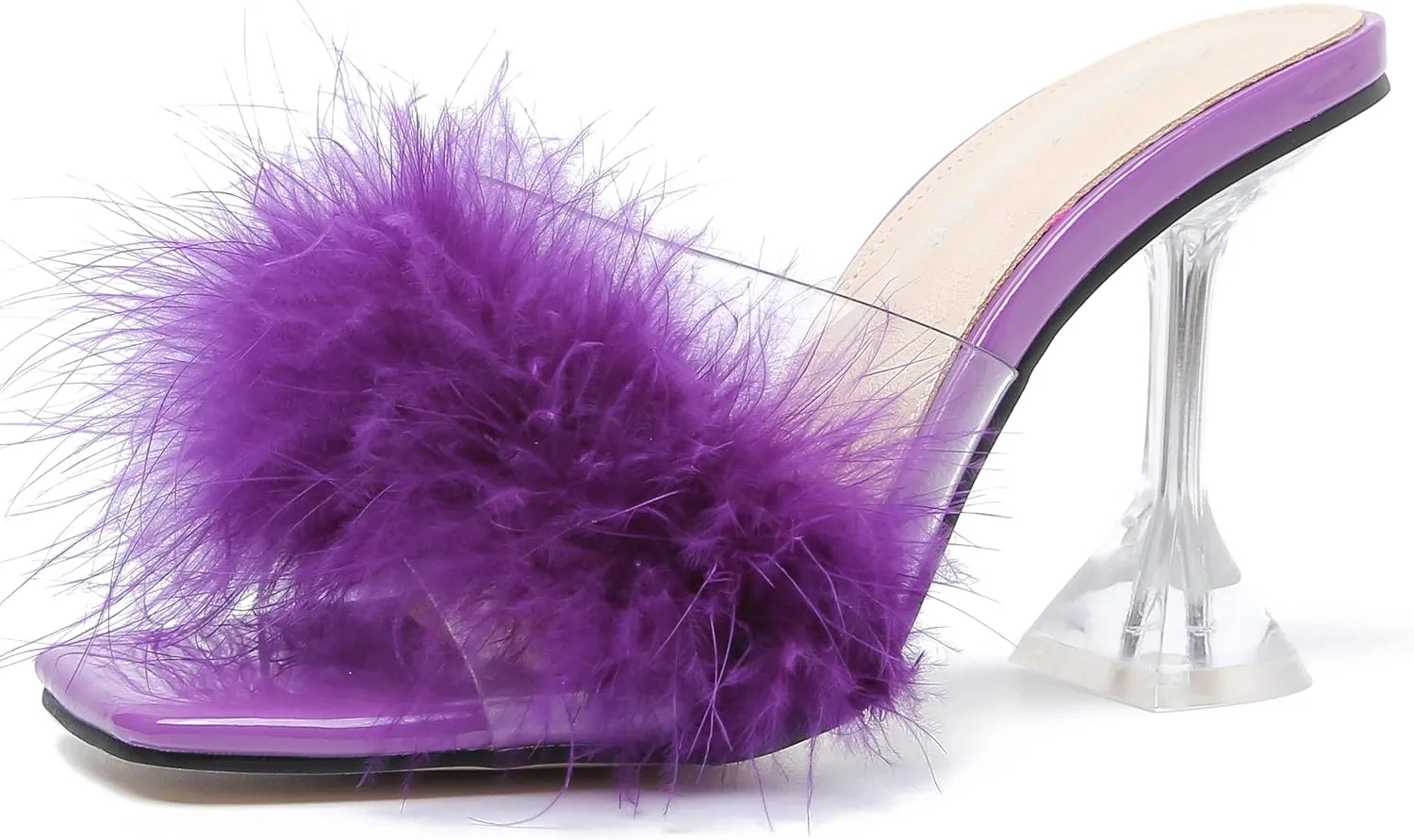 Enelauge Women's Square Toe Sandal Fluffy Feather Clear High Heels Sandals Mules Backless Slip On Slipper Dress Shoes