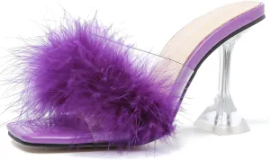 Enelauge Women's Square Toe Sandal Fluffy Feather Clear High Heels Sandals Mules Backless Slip On Slipper Dress Shoes