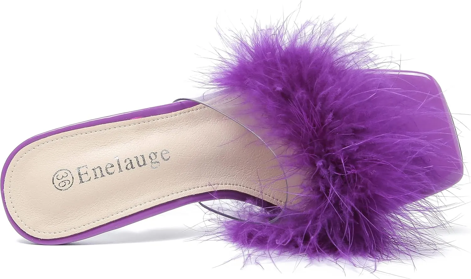 Enelauge Women's Square Toe Sandal Fluffy Feather Clear High Heels Sandals Mules Backless Slip On Slipper Dress Shoes