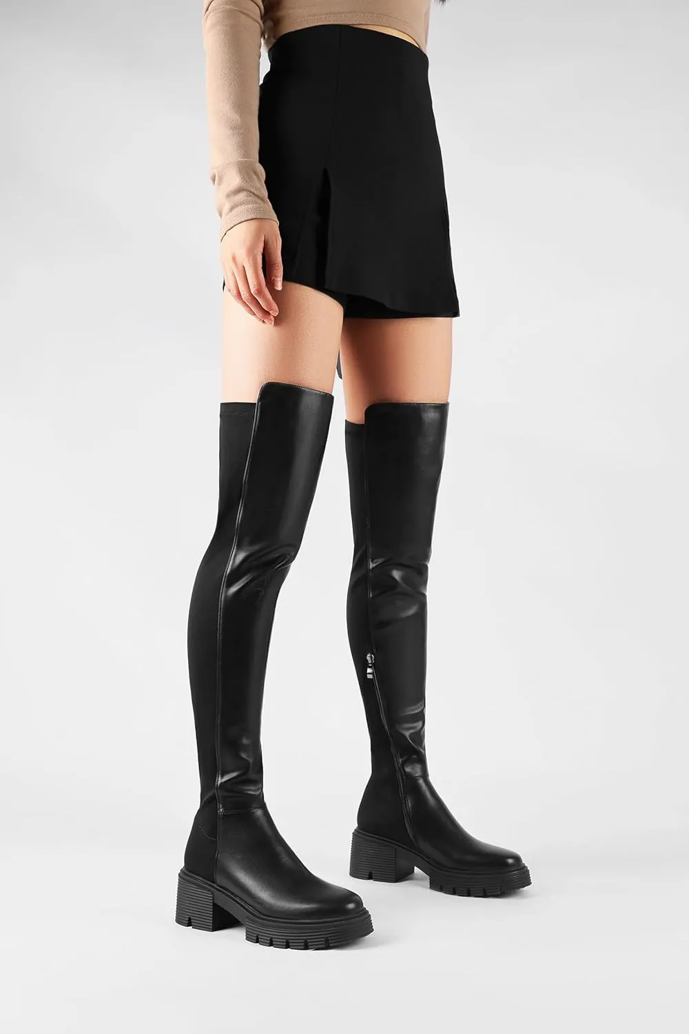 ErikenUrben Women Black Thigh High Boots Suede Over The Knee High Boots Platform Chunky Heel Stretch Boots Zip