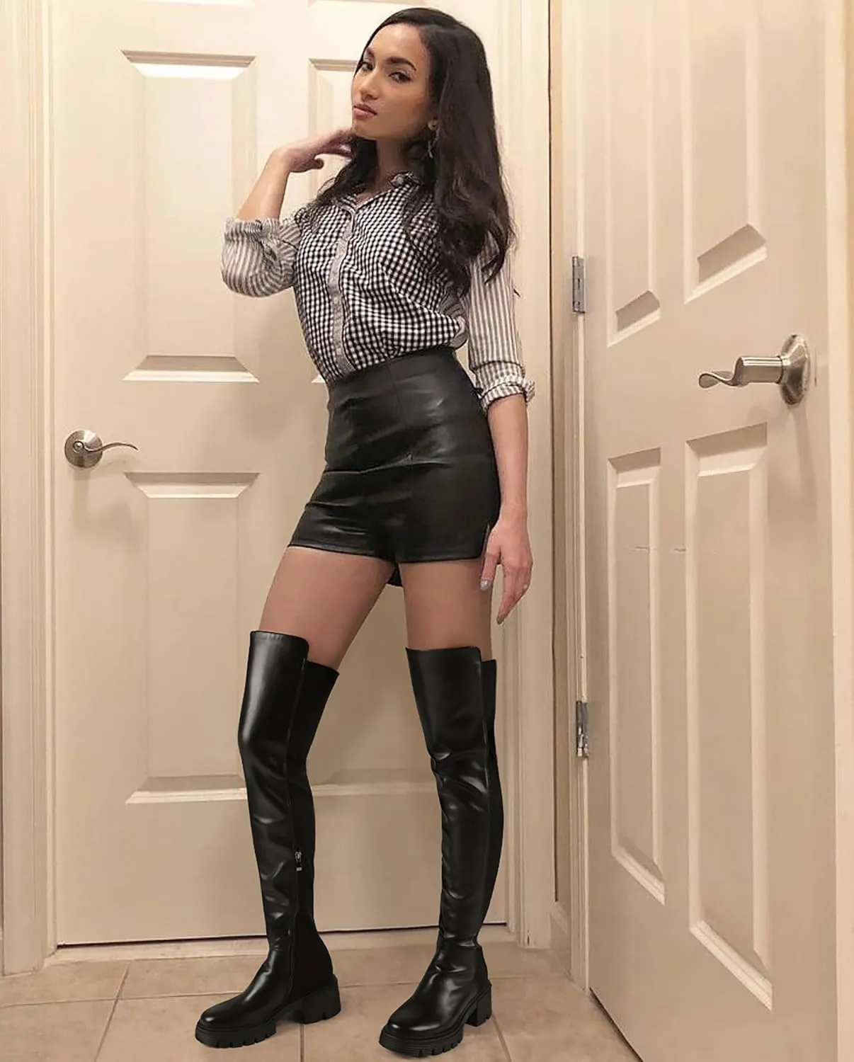 ErikenUrben Women Black Thigh High Boots Suede Over The Knee High Boots Platform Chunky Heel Stretch Boots Zip