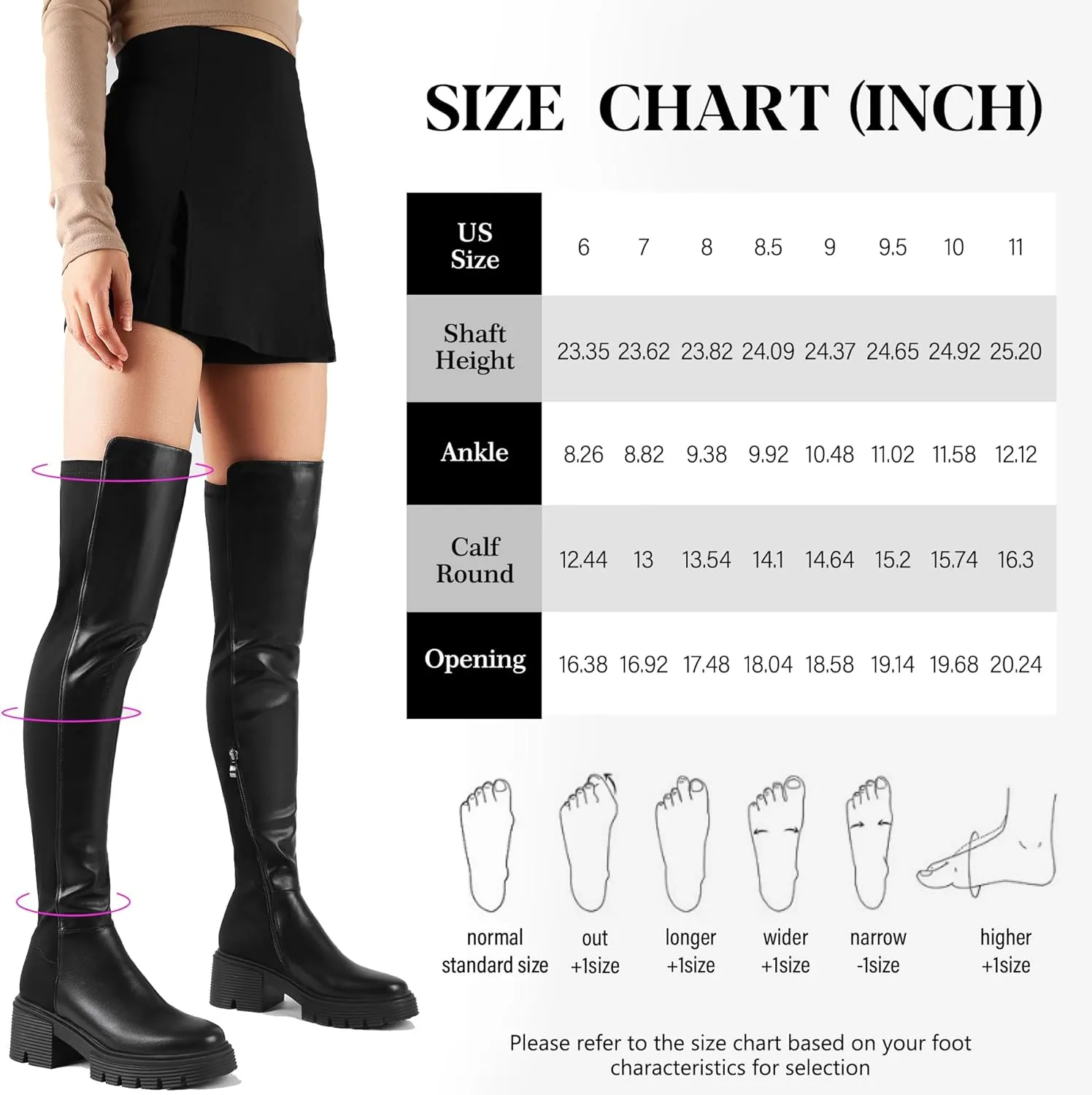 ErikenUrben Women Black Thigh High Boots Suede Over The Knee High Boots Platform Chunky Heel Stretch Boots Zip